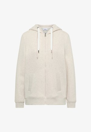 Hellbeige Kapuzenpullover mit Reißverschluss, Fronttaschen, langen Ärmeln, gerippten Bündchen und Saum, Kordelzugkapuze und einem kleinen sichtbaren Markenetikett innen am Kragen.