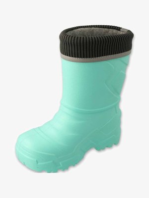 Jasnoniebieski wodoodporny zimowy but z grubym czarnym dzianym mankietem i fakturowaną podeszwą, zaprojektowany do zimnych, mokrych warunków.