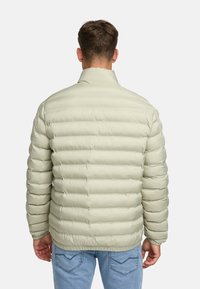 Lysegrøn, puffy jakke med en standkrave, der har lodret quiltning og en glat tekstur. Båret over blå jeans, der viser en afslappet pasform.