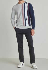 Sweat-shirt en maille gris clair avec manches bleu marine, présentant des rayures verticales rouges, bleu marine et blanches. Assorti à un pantalon foncé et des baskets blanches.