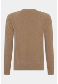 Pull marron à manches longues et col rond, étalé à plat montrant le dos avec poignets et ceinture ajustés.