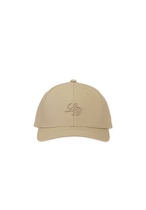 Beige Baseballkappe mit gebogenem Schirm und gestickten Initialen "LD" auf dem vorderen Mittelstück.