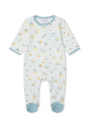 Body blanco para bebé con ribete azul, cubre-pies azules, estampados de snacks y bebidas sonrientes, y texto "Happy Playing" en el pecho.