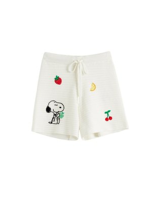 White knit shorts with drawstring, decorated with embroidered Snoopy holding a green leaf, and small strawberry, lemon slice, and cherry patches.