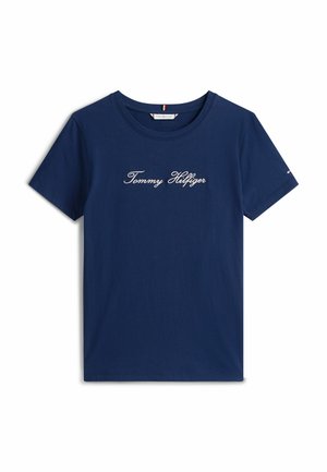 T-shirt in cotone blu navy con maniche corte. Presenta il logo ricamato in bianco "Tommy Hilfiger" sul petto e un piccolo logo sulla manica.