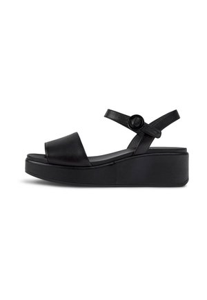 Sandali platform neri con tomaia in pelle liscia, punta aperta, cinturini alla caviglia regolabili e suola chunky per un maggiore slancio.