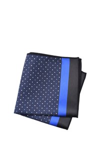 Fazzoletto da taschino in seta blu navy con motivo a diamante bianco e accenti blu brillante. I bordi sono rifiniti con una bordura nera.