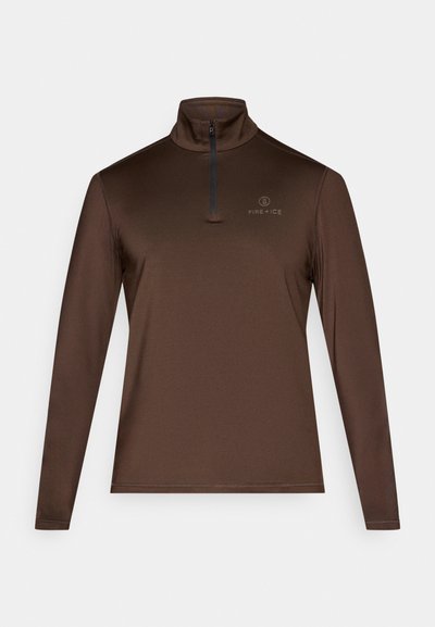 Brun zip-neck långärmad tröja med en slät textur och minimal sömnad. Har en logotyp på bröstet och en figurnära design.