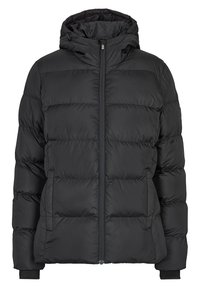 Czarna kurtka puchowa z zamkiem błyskawicznym z przodu, odpinanym kapturem i elastycznymi mankietami. Posiada pikowany wzór oraz boczne kieszenie na przechowywanie.