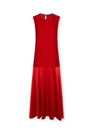 Ärmelloses rotes Kleid mit figurbetontem Oberteil und ausgestelltem Saum aus glänzendem Stoff, Knopfverschluss mit Schlitz am Nacken.