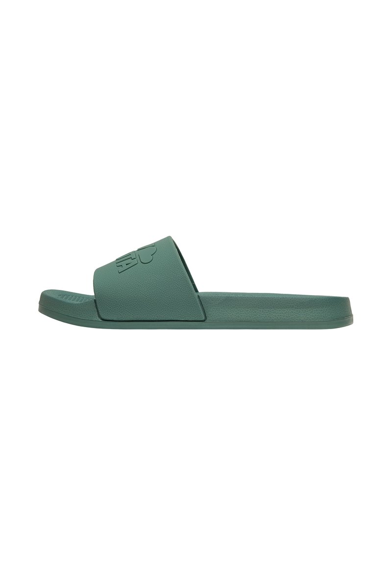 Green slide sandals made of textured rubber, featuring a wide strap with a logo detail. Flat sole with a smooth finish.