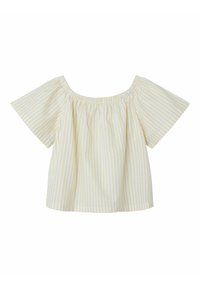 Helles gelbes und weiß gestreiftes Blusenshirt mit einem schulterfreien Ausschnitt, kurzen Ärmeln und gerafften elastischen Kanten für eine lockere Passform.