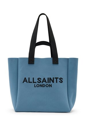 Sac fourre-tout bleu avec poignées noires, avec le texte "ALLSAINTS LONDON" en noir sur le devant.