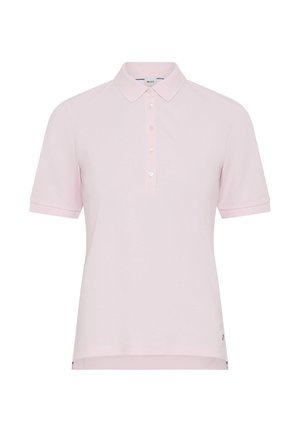 Hellrosa kurzärmliges Poloshirt mit klassischem Kragen und Knopfleiste mit fünf Knöpfen, dargestellt vor weißem Hintergrund.