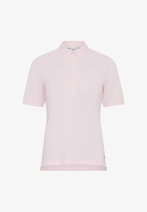 Lichtroze polo met korte mouwen, klassieke kraag en een knoopsluiting met vijf knopen, afgebeeld op een witte achtergrond.