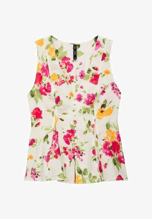 Top senza maniche floreale in tessuto crema con fiori rosa, gialli e verdi, dotato di scollatura a V e chiusura frontale con bottoni.