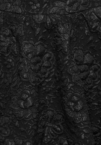 Črno čipkasto blago z cvetličnim vzorcem in teksturiranimi vzorci. Zapletene cvetlice ustvarjajo večplastni, tridimenzionalni učinek.