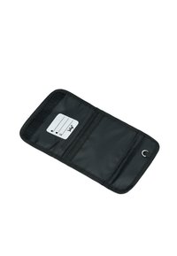 Black fabric wallet with a hook, featuring a Velcro closure and interior compartments. Includes a label area for identification.