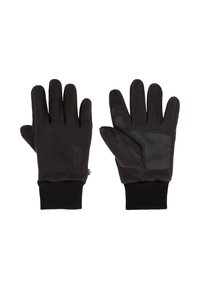Schwarze Fleece-Handschuhe mit einem strukturierten, dunkelgrünen Paneel auf der Handfläche und schwarzen, gerippten Bündchen. Mit Logo im Handgelenkbereich.