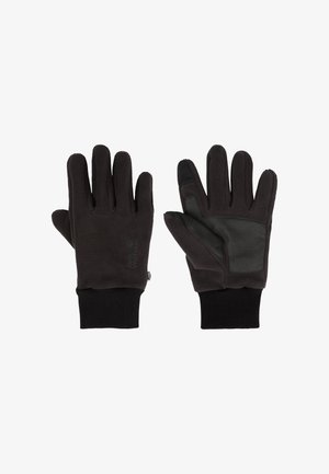 Schwarze Fleece-Handschuhe mit einem strukturierten, dunkelgrünen Paneel auf der Handfläche und schwarzen, gerippten Bündchen. Mit Logo im Handgelenkbereich.