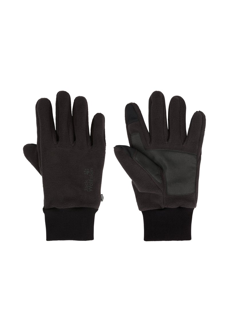 Schwarze Fleece-Handschuhe mit einem strukturierten, dunkelgrünen Paneel auf der Handfläche und schwarzen, gerippten Bündchen. Mit Logo im Handgelenkbereich.