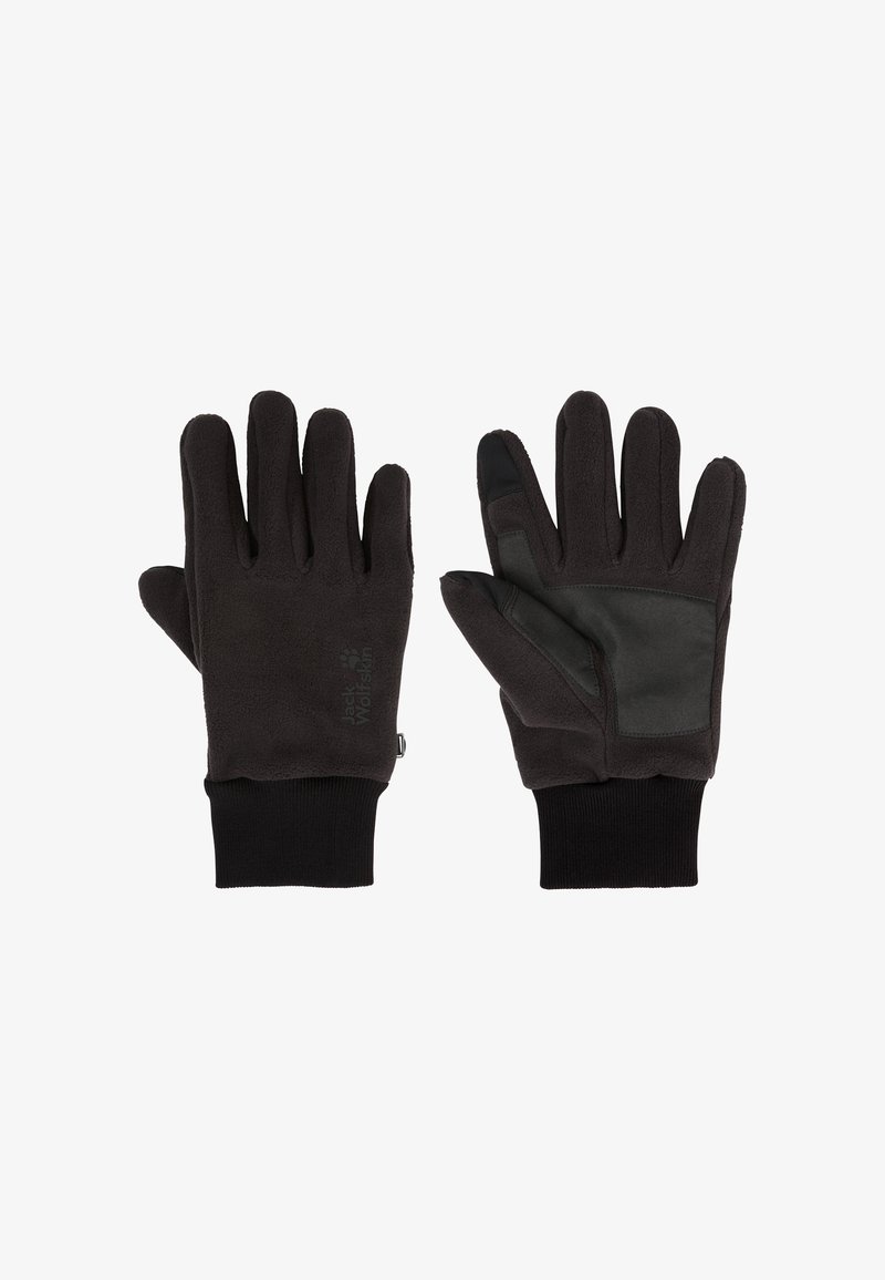 Gants en polaire noirs avec un panneau texturé vert foncé sur la paume et des poignets côtelés noirs. Logo présent au niveau du poignet.