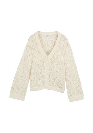 Knit cardigan in cream with a V-neck, patterned open weave, long sleeves, ribbed wrist cuffs, and front button closure.