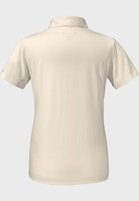 Beige Poloshirt mit Kragen, kurzen Ärmeln und einer glatten Oberfläche. Besitzt ein dezentes Logo auf der Rückseite und einen abgerundeten Saum.