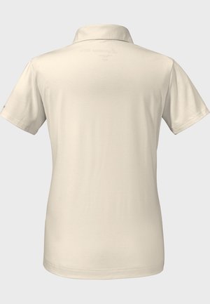 Beige polo shirt with a collar, short sleeves, and a smooth texture. Features a subtle logo on the back and a curved hemline.