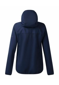 Navy blue hooded jacket shown from the back with long sleeves and a smooth, plain fabric surface.