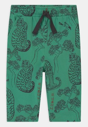 Groene kinderbroek met zwarte tijgerillustraties, boomtakken, kleine vogeltjes en een zwarte trekkoord aan de voorkant.