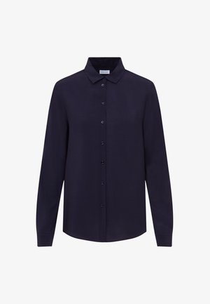 Marineblaues Langarmshirt aus glattem Stoff, mit einem klassischen Kragen und einer durchgehenden Knopfleiste mit polierten Knöpfen, taillierte Passform.