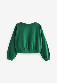 Grüner, verkürzter Pullover mit langen, puffigen Ärmeln, geripptem Halsausschnitt und Saum. Hergestellt aus einem weichen Stoff mit glatter Textur und minimalistischem Design.