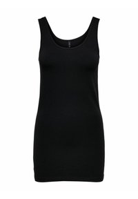 Schwarzes ärmelloses Tank-Top aus weichem Stoff, mit rundem Ausschnitt und taillierter Passform. Keine sichtbaren Muster oder Akzente.