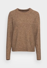 Brauner langärmeliger Rundhals-Pullover mit gerippten Bündchen, Saum und Kragen, auf einem schlichten weißen Hintergrund präsentiert.
