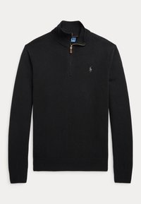 Sort langærmet sweater med kvart lynlås krave og lille broderet logo på venstre bryst.