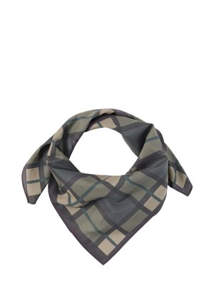 Vierkante sjaal met donkergroene, beige en zwarte ruitpatroon, gevouwen en gedrapeerd met zichtbare puntige uiteinden.