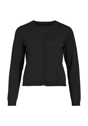 Svart langermet knappet cardigan med rund hals, ribbestrikkede mansjetter og kant, vist på en ensfarget hvit bakgrunn.