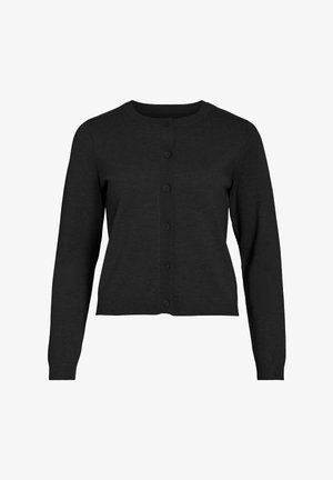 Svart langermet knappet cardigan med rund hals, ribbestrikkede mansjetter og kant, vist på en ensfarget hvit bakgrunn.