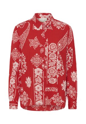 Camicia rossa a maniche lunghe con bottoni e colletto, caratterizzata da motivi floreali bianchi e paisley su tutto il tessuto.