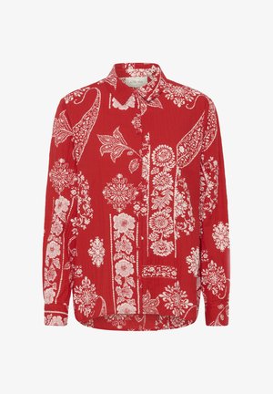 Camicia rossa a maniche lunghe con bottoni e colletto, caratterizzata da motivi floreali bianchi e paisley su tutto il tessuto.