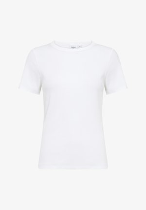 Valkoinen ribbattu lyhythihainen t-paita, jossa pyöreä kaula-aukko. Pehmeä kankaan rakenne, istuva malli ja hillitty brändäys sisäisellä etiketillä.