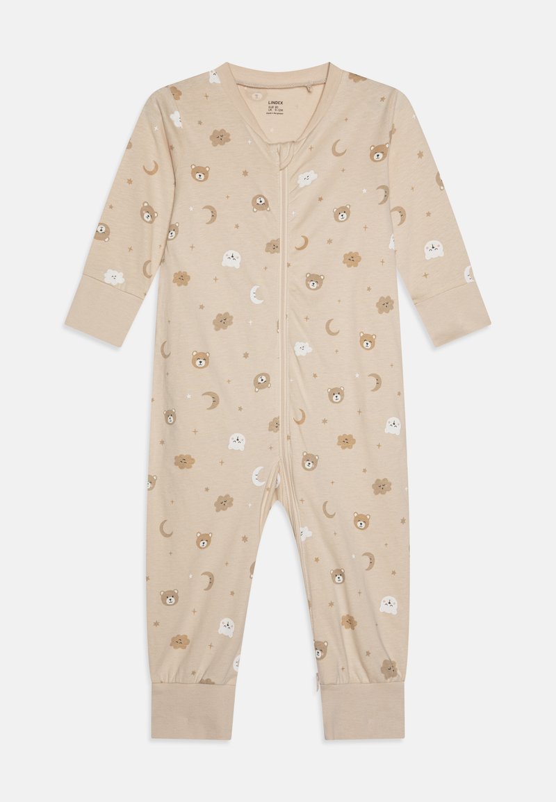 Beige Baby-Overall aus weichem Stoff, mit einem Allover-Druck von Bären, Wolken, Monden und Sternen, langen Ärmeln und einem Frontreißverschluss.