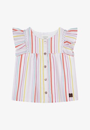 Blusa blanca para niño pequeño con rayas verticales multicolores, mangas cortas con volantes, botones frontales y ribete trenzado en las costuras de los hombros.