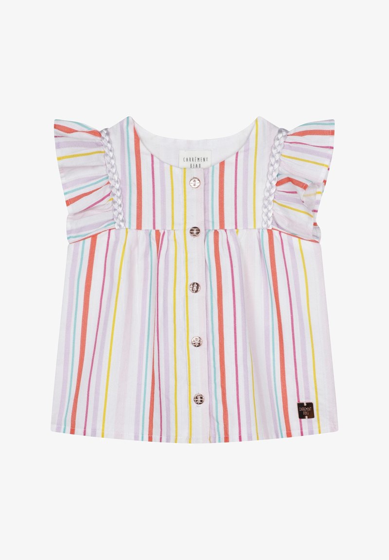 Blouse blanche pour tout-petit avec des rayures verticales multicolores, manches courtes volantées, boutons sur le devant et bordure tressée sur les coutures des épaules.