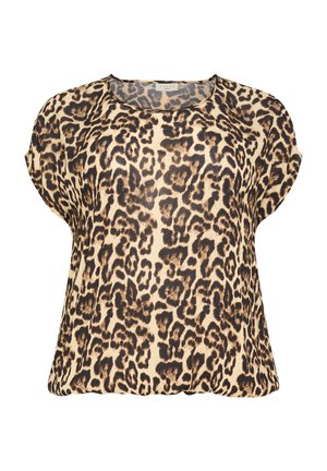 Leopardmønstret top med korte ærmer, lavet af let stof i beige og mørkebrun, med rund halsudskæring og løs pasform.