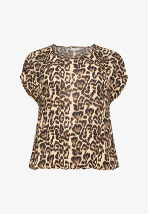 Leopardmønstret top med korte ærmer, lavet af let stof i beige og mørkebrun, med rund halsudskæring og løs pasform.