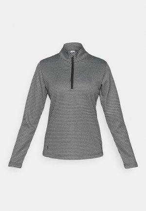 Mustavalkoinen houndstooth-kuvioitu pitkähihaisuus pulloveri, jossa on vetoketjun kaula-aukko, valmistettu tekstuurista joustavasta kankaasta mukavuutta varten.