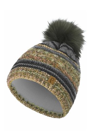 Knitted winter hat with green, gray, and brown patterns, lined interior, and a large dark green pom-pom on top with a small front leather tag.