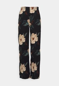Spodnie w kwiatowy wzór z dużymi beżowymi różami i zielonymi liśćmi na czarnym tle. Prosty krój nogawki z gładką teksturą.